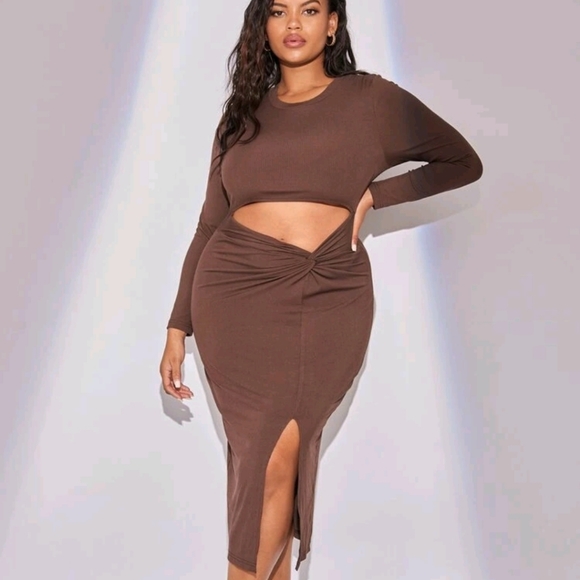 SHEIN 2XL Chocolate Brown Cut Out Twist Split Bodycon Dress - Picture 5 of 17